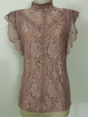 Cable & Gauge Dusty Rose Lace High-Neck Flutter Sleeve Top